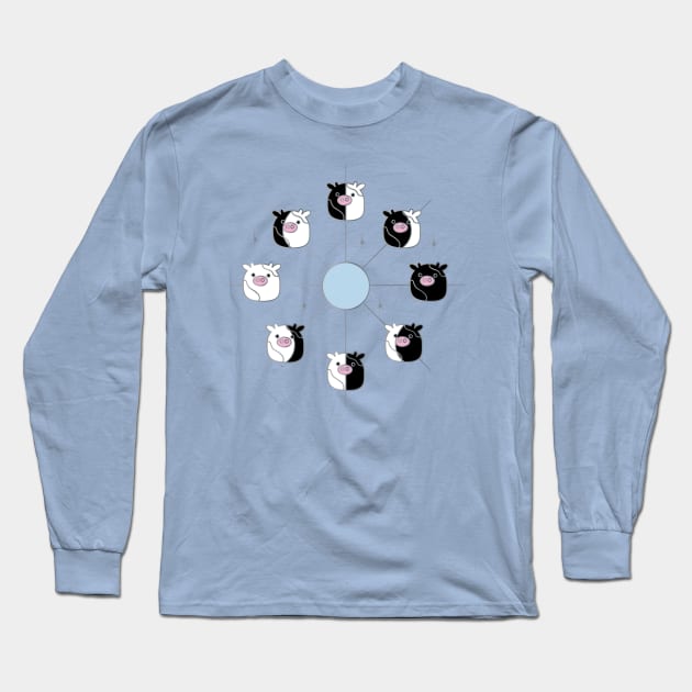 Kawaii Cow Phases of the Moon in Black, White and Light Blue Long Sleeve T-Shirt by YourGoods